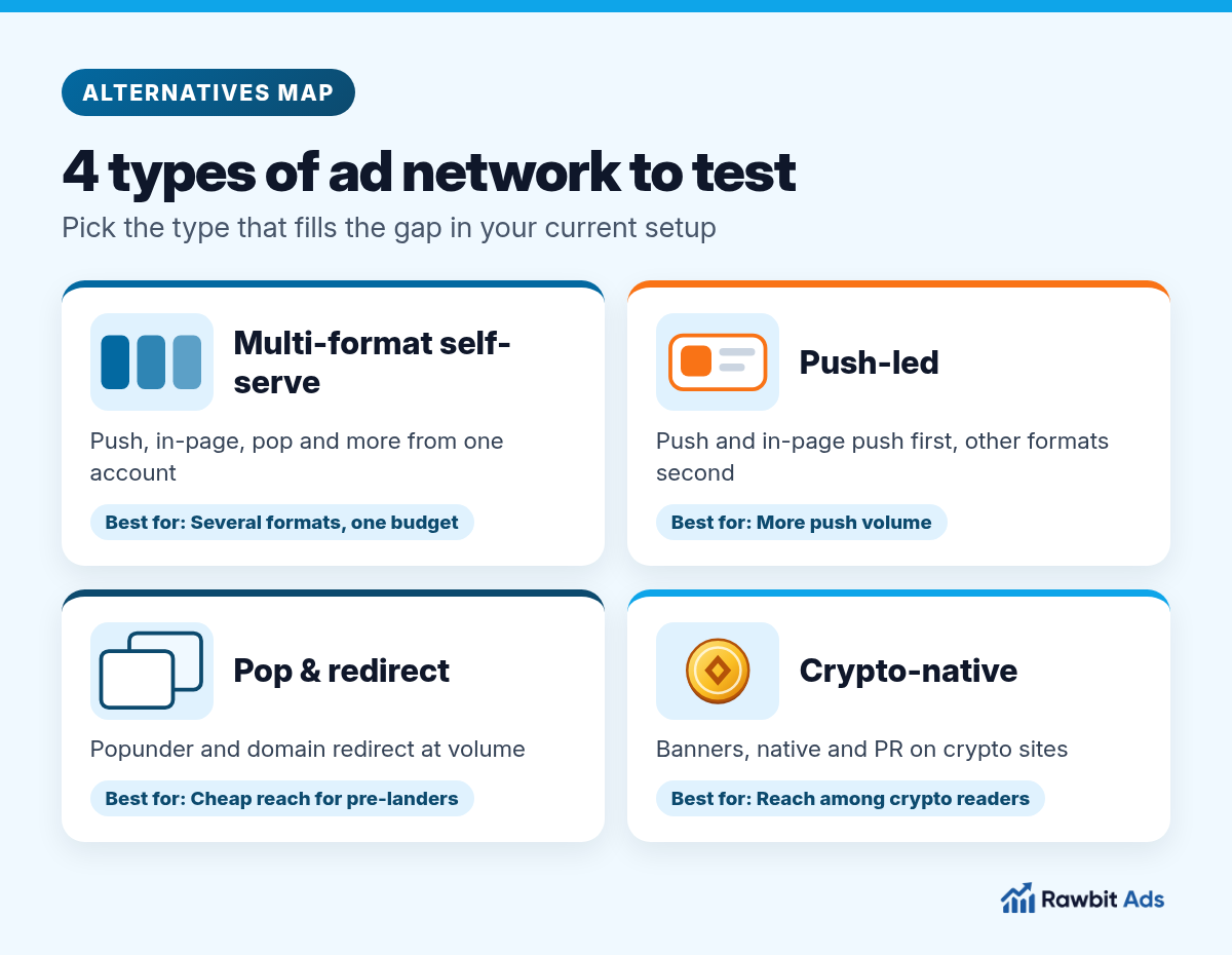 Map of four ad network types worth testing as alternatives: multi-format self-serve, push-led, pop and redirect specialists and crypto-native networks, with the formats and best use of each