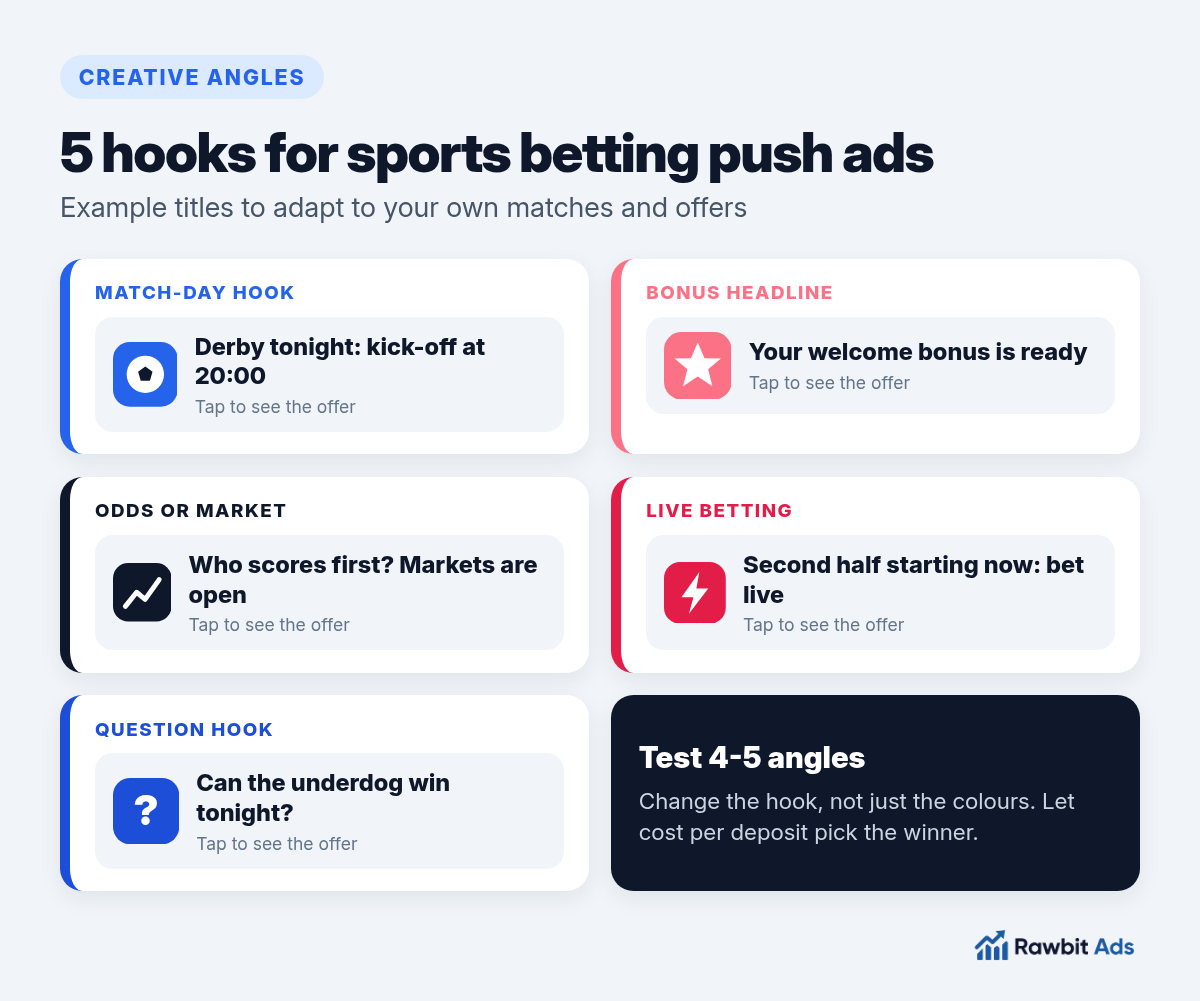 Five creative angles for sports betting push ads shown as notification cards: match-day hook, bonus headline, odds or market, live betting and question hook