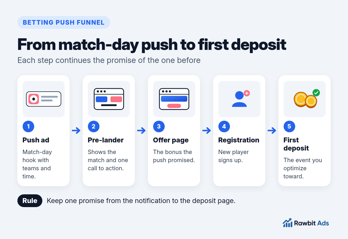 Betting push funnel: a match-day push notification leads to a match pre-lander with teams and kick-off time, then to the offer page, registration and first deposit