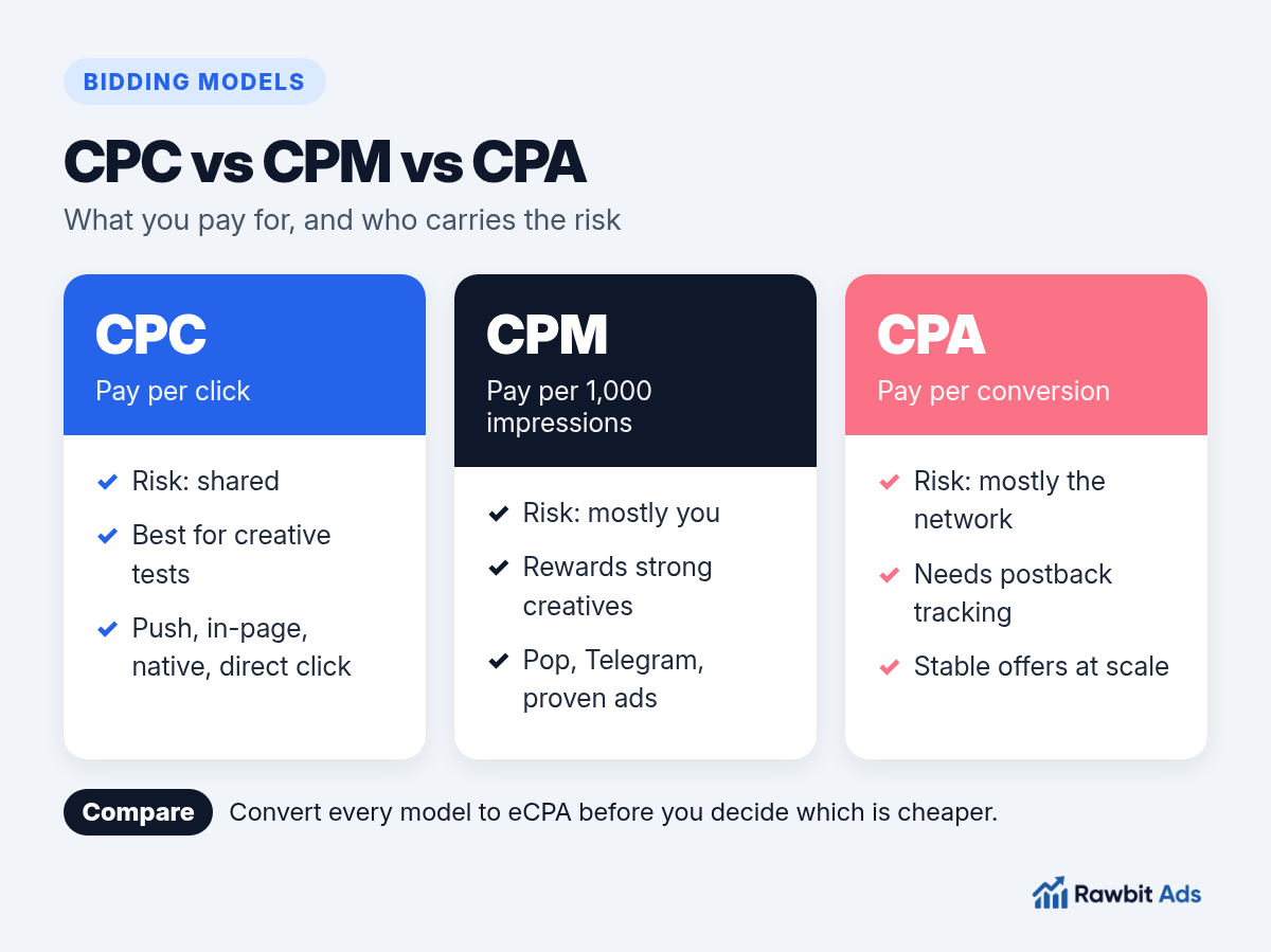Comparison of CPC, CPM and CPA bidding models: what you pay for, who carries the risk and which formats each model suits