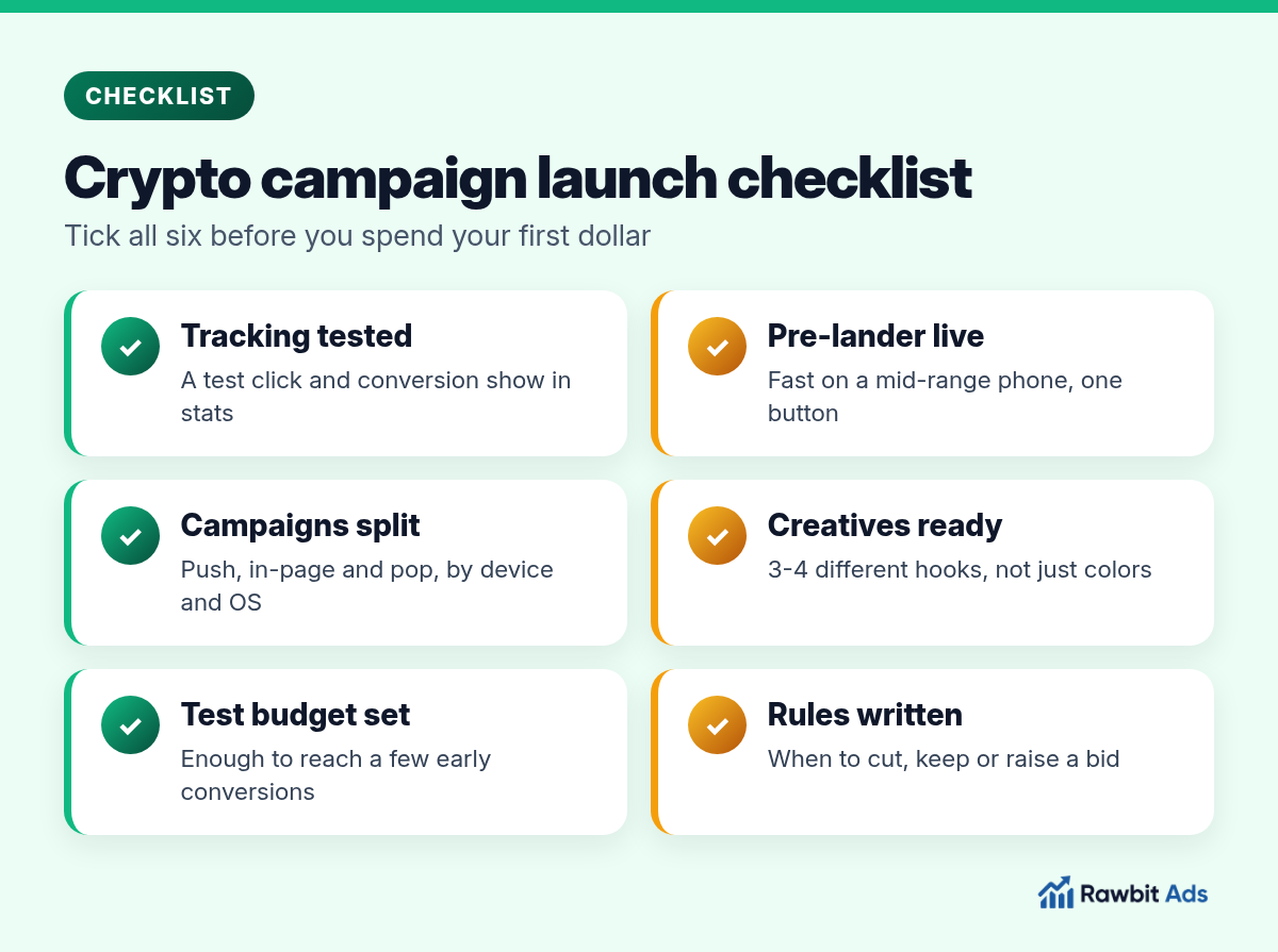 Crypto campaign launch checklist: postbacks tested, pre-lander live, campaigns split by device, creatives ready, test budget set and optimization rules written