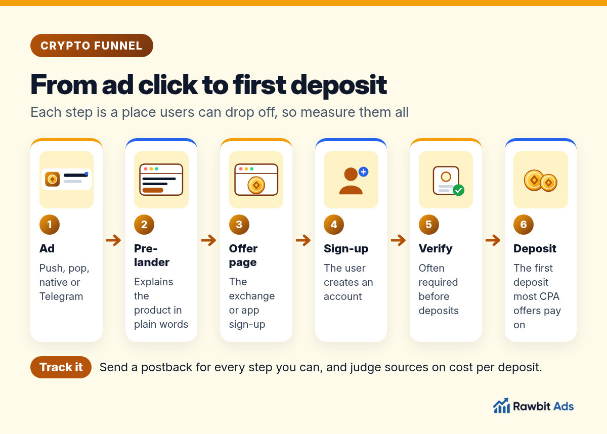Crypto offer funnel from ad click to pre-lander, offer page, registration, verification and first deposit, with the conversion event to track at each step