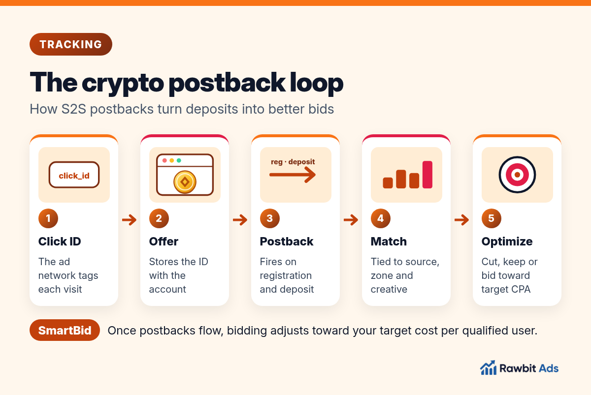 Crypto postback optimization loop: the ad network passes a click ID to the offer, the offer sends a postback on registration and deposit, the network matches it to the source and bidding adjusts toward the target CPA