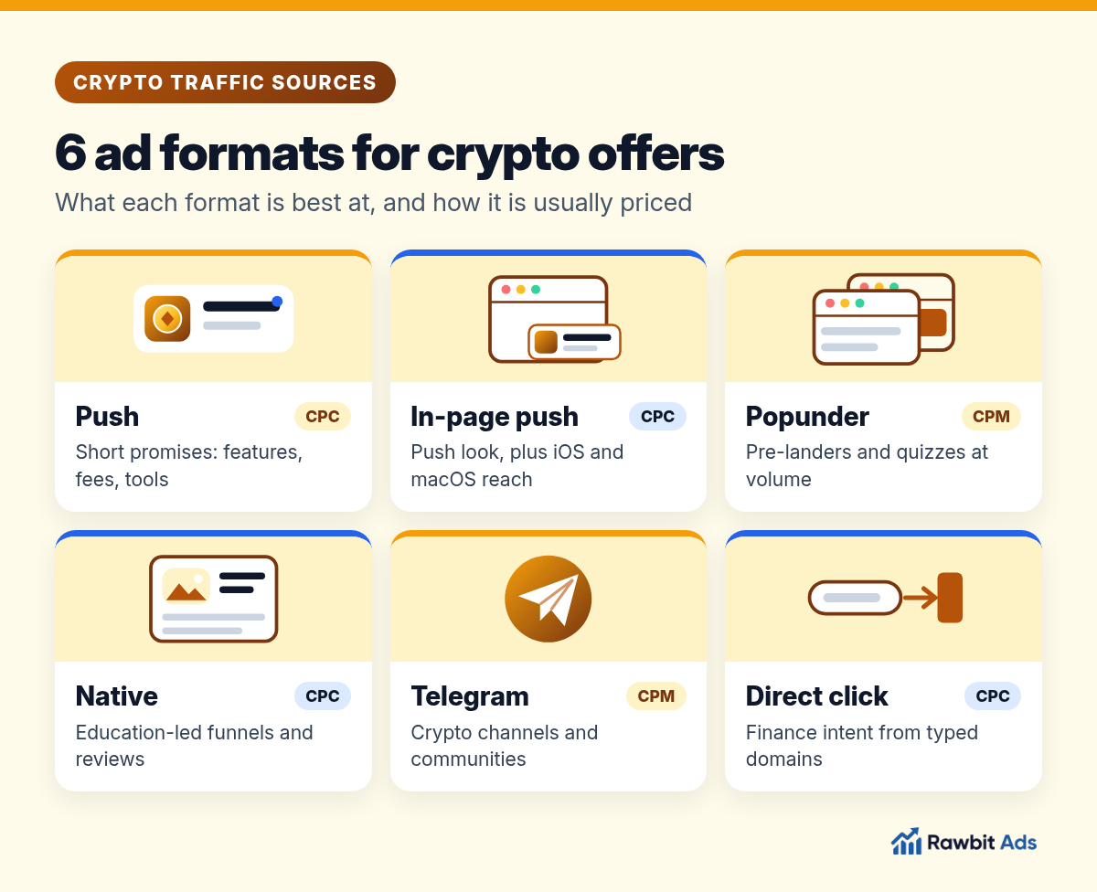 Map of crypto traffic sources showing push, in-page push, popunder, native, Telegram and direct click, each with the crypto offers it suits best