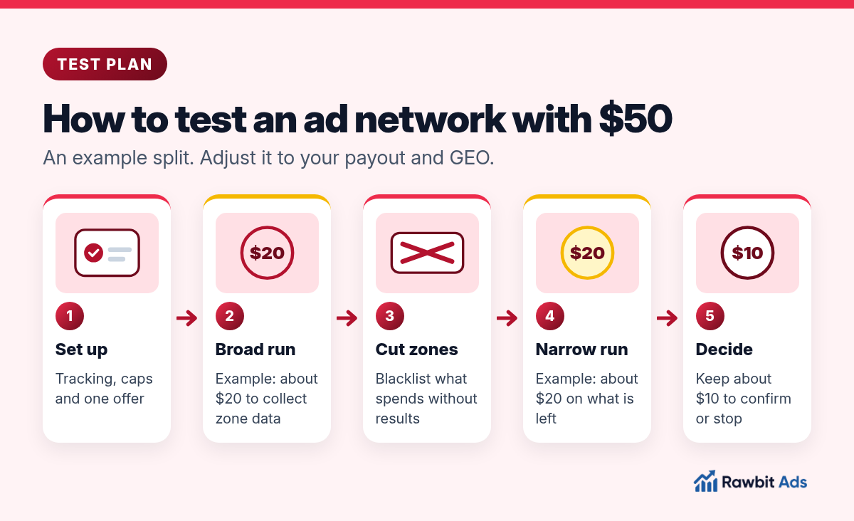 How to test an ad network with $50 in five phases with an example split: set up tracking, caps and one offer; a broad run of about $20 to collect zone data; cut zones that spend without results; a narrow run of about $20 on what is left; and keep about $10 to confirm or stop