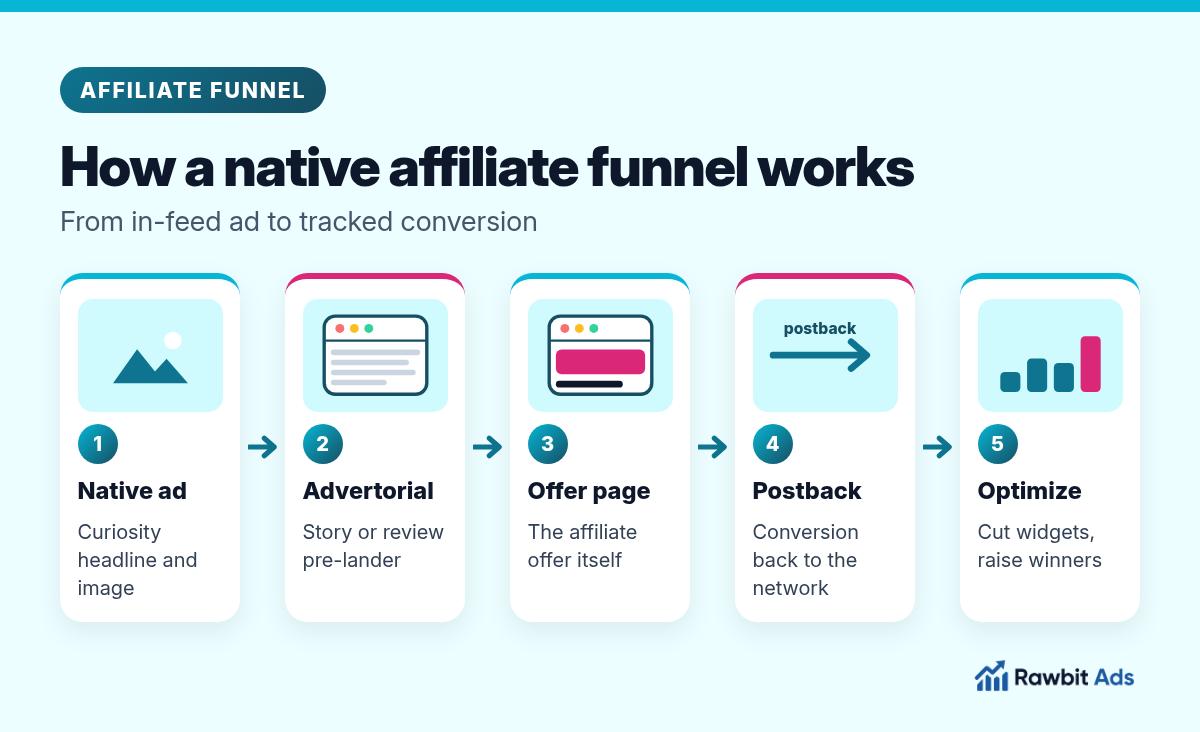 Five-step native affiliate funnel: a curiosity native ad, an advertorial or review pre-lander, the offer page, a postback that sends the conversion back to the network, and optimization that cuts weak widgets and raises winners