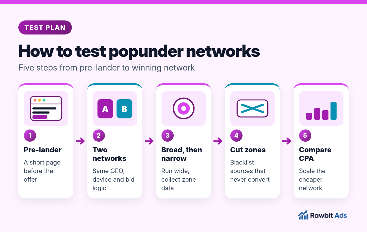 Five-step popunder network test plan: build a pre-lander, pick two networks with the same GEO and device settings, run broad then narrow, cut zones that never convert and compare cost per conversion before scaling