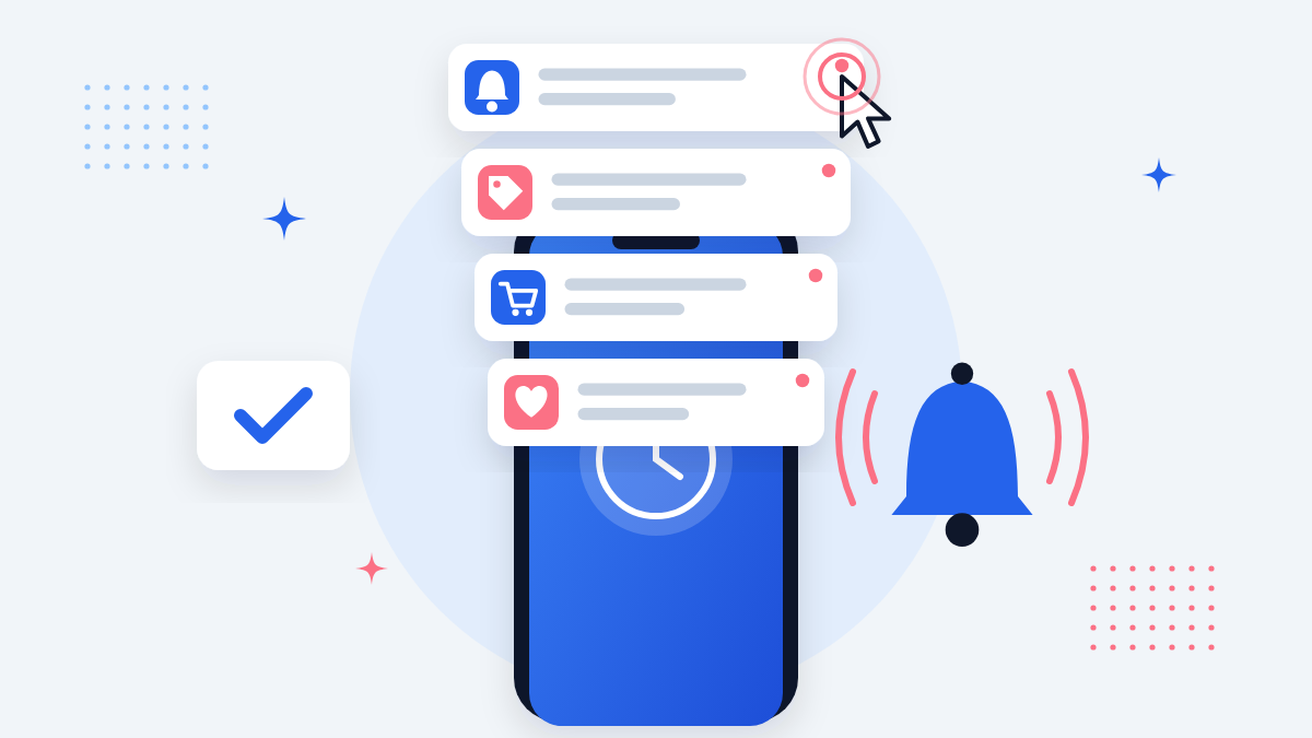 Illustration of push notification ads stacking on a smartphone lock screen next to a ringing bell