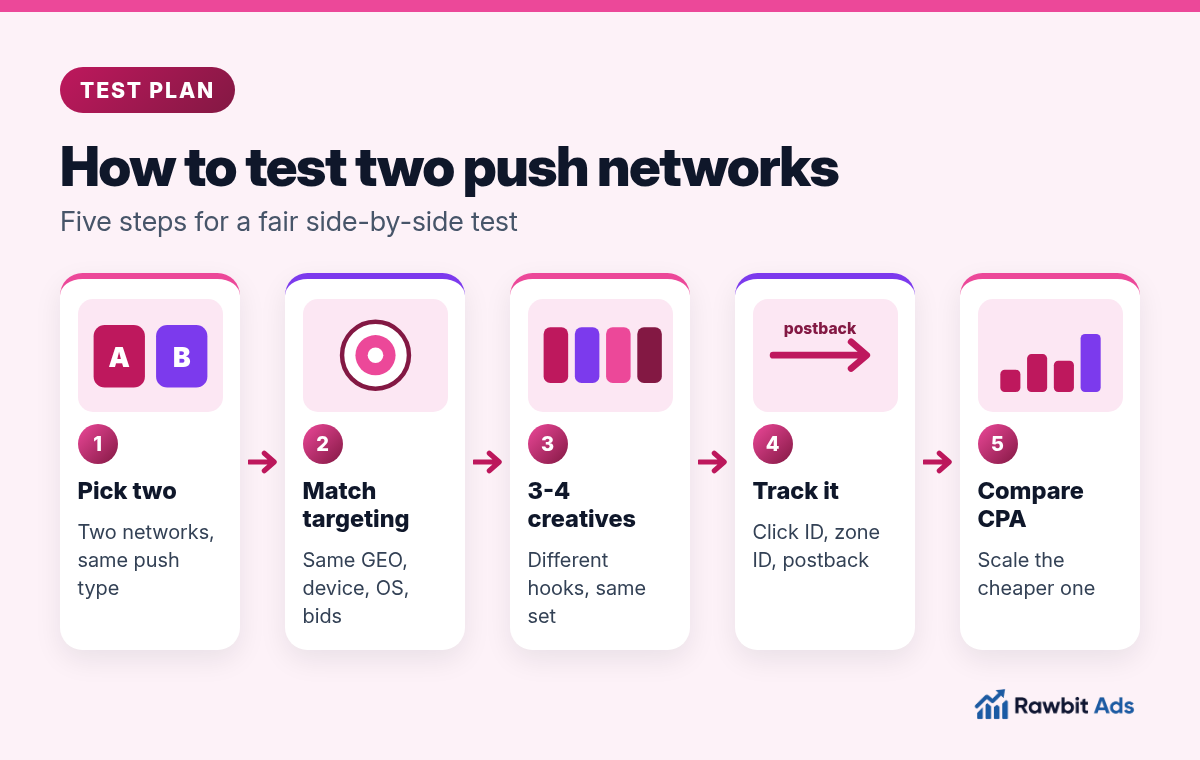 Five-step push network test plan: choose two networks, match targeting, launch three to four creatives, track conversions with postbacks and compare cost per conversion before scaling