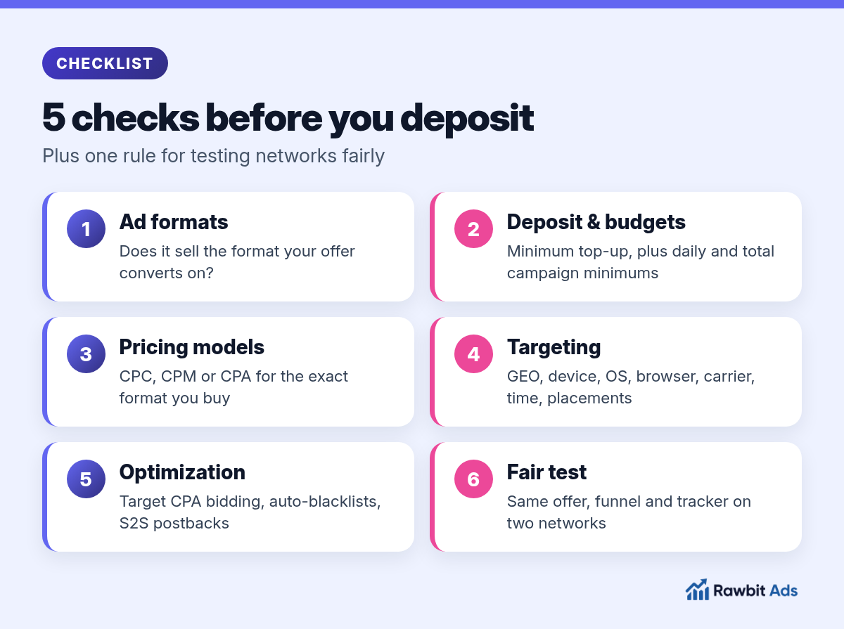 Five-point checklist for comparing self-serve ad networks: ad formats, minimum deposit and budgets, pricing models, targeting depth and optimization tools, with a note to test the same funnel on two networks