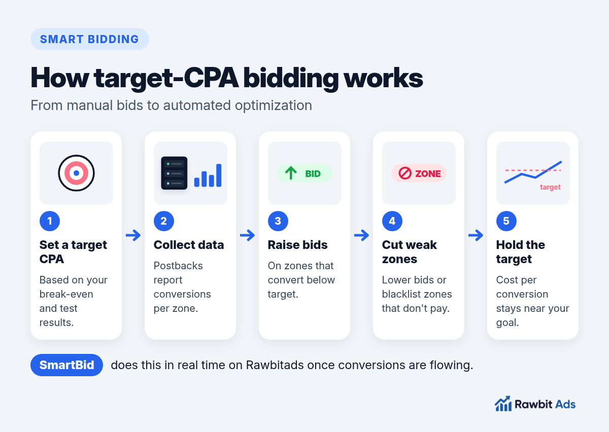 Flow diagram of smart bidding: set a target CPA, the system collects conversion data, raises bids on converting zones, lowers or blacklists weak zones and keeps cost close to the target